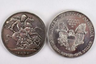 Two silver coins comprising an 1896 Victorian Old Head crown, and a 1991 1oz fine silver dollar (