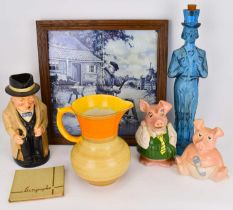 A collectors' lot to include a Royal Doulton 'Winston Churchill' character jug, height 22cm (af),