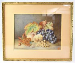 OLIVER CLARE (1853-1927); watercolour, still life of grapes, peaches, gooseberries and nuts,