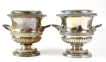 A pair of 19th century Old Sheffield Plate twin-handled wine coolers of campagna form, to stepped