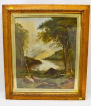 UNATTRIBUTED; an Edwardian oil on canvas, people fishing by lakeside in woodland with hills to the