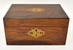 A Victorian inlaid walnut work box with a green satin upholstered interior, 15 x 30 x 22cm.