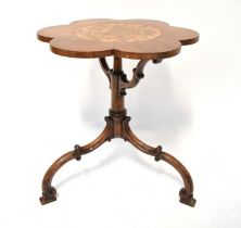 A Victorian mahogany inlaid occasional table with petal-shaped top, on carved column to tripod base,