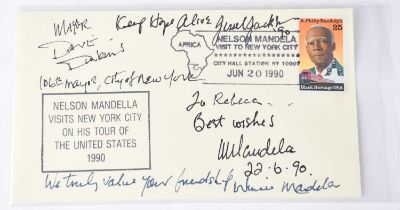 NELSON MANDELA; a first day cover bearing the signatures of Nelson Mandela, Winnie Mandela, Jessie