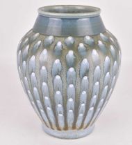 PILKINGTONS ROYAL LANCASTRIAN; a circa 1950s large ovoid vase, decorated with the peacock feather