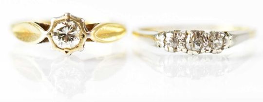 An 18ct yellow gold ring set with a diamond, size M, and an 18ct yellow gold ring set with three