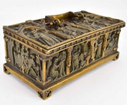 A 19th century brass and gilt Medieval/Renaissance-style casket, top and side with scenes of