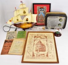 A collectors' lot to include a vintage radio, a Viking ship in bottle, a boxed glass sculpture of