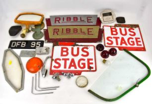 Two cast aluminium 'Ribble' bus signs, two printed steel 'Bus Stage' signs, white background with