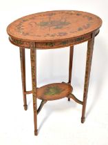 A Hepplewhite-style hand painted satinwood occasional table, the oval top painted with musical