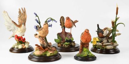 COUNTRY ARTISTS; five garden bird figures, comprising CA484 'Robin on Trowel', CA696 'Malvern - Wren