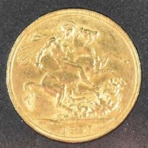 A Victorian sovereign 1887, London Mint, George and Dragon, in perspex slab, presentation box and