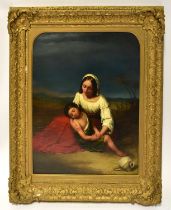 WILLIAM COOPER (19th Century); oil on panel, a desert scene with a woman holding her sleeping child,