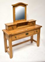 BESP-OAK FURNITURE; a substantial oak dressing table, with arched top mirror above open shelf,