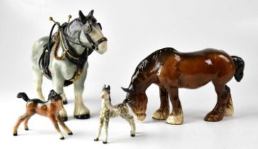 BESWICK; a brown shire horse, a brown foal and a dappled grey foal, together with an H A Wain &