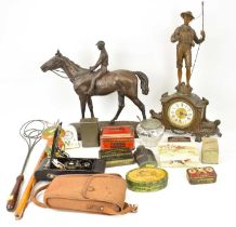 A collectors' lot comprising a resin bronzed statue of a racehorse and jockey, 35 x 37cm, a