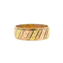 A 9ct gold two-colour textured band ring, size P, approx. 3g.