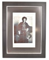 JIMI HENDRIX; a reproduced black and white photograph with facsimile signatures, 48 x 38cm, framed