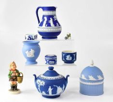 WEDGWOOD; a small quantity of jasperware comprising a lidded pot, a baluster vase, a small lidded