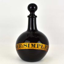 A Victorian large chemist counter glass decanter, inscribed 'SYR: SIMPLEX:' in diagonal gold band,