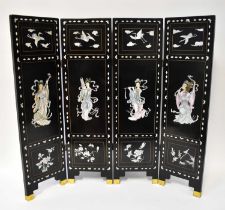 A contemporary black lacquered and mother of pearl inlaid four-leaf three-fold screen with brass