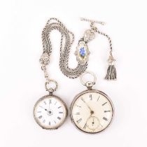 Two hallmarked silver pocket watches comprising an open face example, the white enamelled dial set