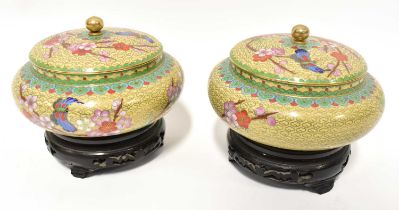 A pair of 20th century covered cloisonné bowls, with cherry blossom and butterfly decoration, on