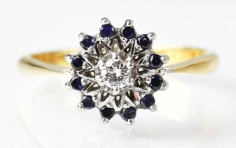 An 18ct yellow gold diamond and sapphire cluster ring by Albion Craft Co, 1967, size R, approx. 4.