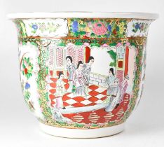 An Oriental jardinière decorated with panels of interior scenes and flowers, birds and