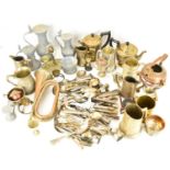 A quantity of silver plated items, copper and brassware to include bugle, tea services, mugs, etc.