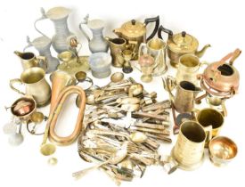 A quantity of silver plated items, copper and brassware to include bugle, tea services, mugs, etc.