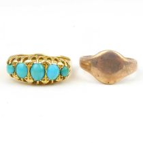 An 18ct gold ring set with turquoise beads, size M, approx. 2.6g, and a 9ct rose gold signet ring,