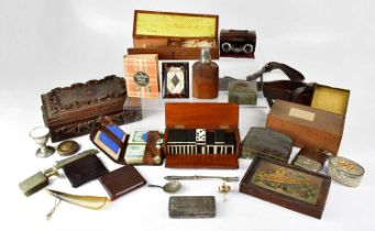 A collectors' lot to include a Sam Brown military belt, hip flasks, ebony and bone dominoes, bone