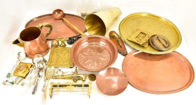 Various mixed brass, copper and plated ware to include trays, sieves, hammered bowls, ornaments,