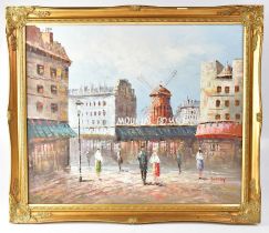 BURNETT (?); oil on canvas, Parisian street scene, with the Moulin Rouge to the background, 49.5 x