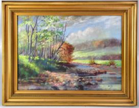 W. SIMM; oil on canvas, Lancashire scene of a river running through a wooded landscape, signed and