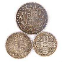 A Victorian 1845 uncrowned head silver crown, an 1890 veiled head half crown, and an 1886 Gothic