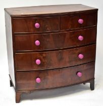 A Victorian mahogany bow-fronted chest of two short over three long graduated drawers, raised on