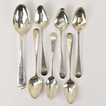 Six similar George III hallmarked silver teaspoons with pointed bowls, partial hallmarks, and a