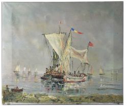 † AMBROSE (20th century); oil on canvas, French sailing boats moored near the shore, signed, 43 x