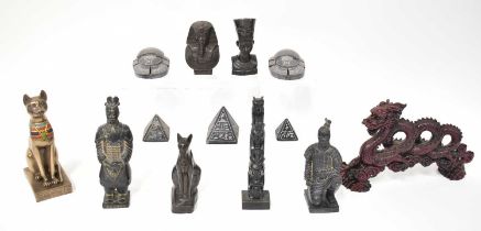 A quantity of Egyptian and Chinese souvenirs and carvings, including soapstone scarab beetles, two