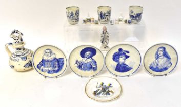 DELFT; a small quantity of blue and white ceramics, including a squat ewer inscribed to the