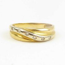 A 9ct yellow gold ring set single diagonal white gold line set with six tiny diamonds, size O,