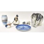 ROYAL COPENHAGEN; a small quantity of ceramics, comprising a drip glazed elephant, a recumbent pony,