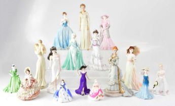 Sixteen various figures of ladies, comprising Coalport 'Ladies of Fashion, Vicky', Golden Age '