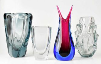 Four art glass vases, comprising a blue and fuchsia-coloured droplet-shaped example, height 23cm,