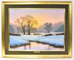 † MICHAEL JOHN HILL (20th century); oil on canvas, 'December Dawn', signed and titled lower right,