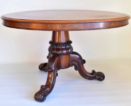 A Victorian mahogany breakfast table with circular top, on turned baluster column with scrolling