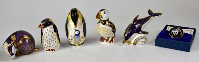 ROYAL CROWN DERBY; five paperweights with gold stoppers, comprising 'Puffin', 'Rockhopper