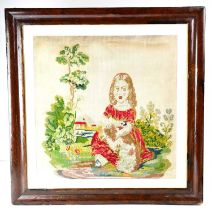 A 19th century needlework embroidery panel of a young lady sitting in a landscape, 52 x 52cm, framed